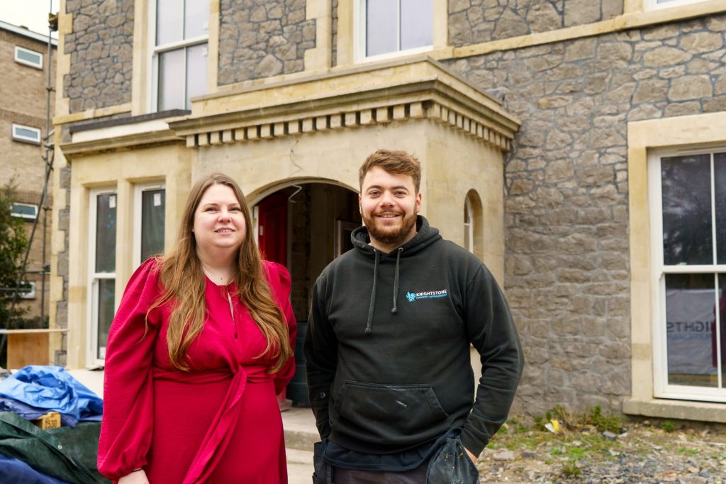 Sarah Parker (Xpert Business Development Manager) and Ross Brock (Knightstone Property Manager) outside Ashbrook House.